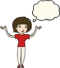 cartoon woman shrugging shoulders with thought bubble