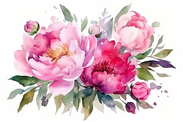 Watercolor pink magenta peony flowers bouquet. Generative Ai