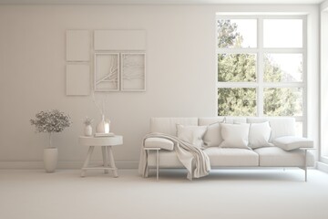 Grey living room concept with sofa and summer landscape in window. Scandinavian interior design. 3D illustration