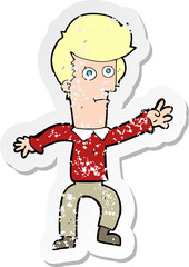 retro distressed sticker of a cartoon man waving