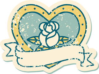 distressed sticker tattoo style icon of a heart rose and banner