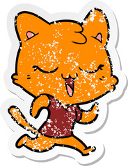 distressed sticker of a happy cartoon cat