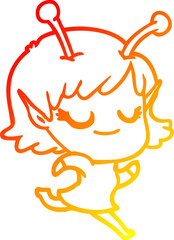 warm gradient line drawing smiling alien girl cartoon running