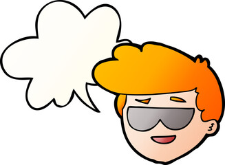 cartoon boy wearing sunglasses and speech bubble in smooth gradient style