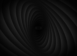Abstract unusual horizontal illustration of black gradient volumetric ovals that approach each other from larger to smaller and overlap each other. Design seamless monochrome illusion pattern