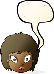 cartoon surprised female face with speech bubble