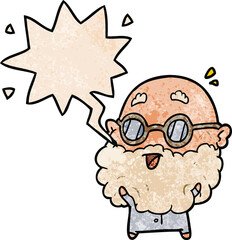 cute cartoon surprised old man and speech bubble in retro texture style