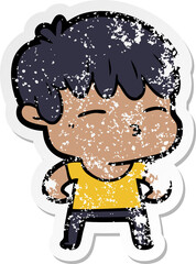 distressed sticker of a cartoon curious boy