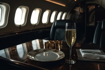 Private Jet, Luxury Table with Champagne and glasses