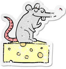 distressed sticker of a cartoon mouse sitting on cheese