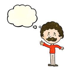 cartoon man with mustache waving with thought bubble