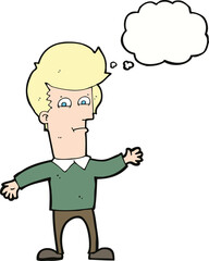 cartoon waving man with thought bubble