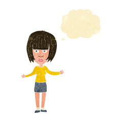 cartoon woman shrugging shoulders with thought bubble