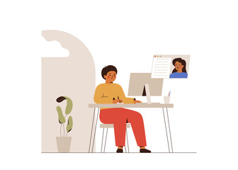 Teacher explains sth to her pupil via internet. Student studies remotely, makes notes and watching internet courses. School boy does homework via computer. E-learning and education concept. Vector