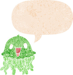 cartoon jellyfish and speech bubble in retro textured style