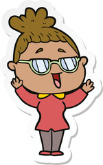 sticker of a cartoon happy woman wearing spectacles