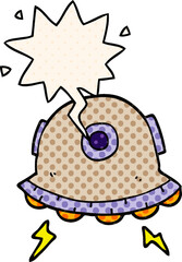 cartoon UFO and speech bubble in comic book style