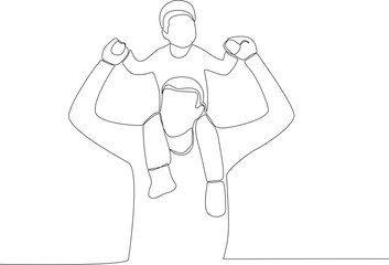 A father carries a son on his shoulder. Father's Day one-line drawing