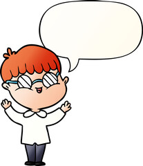 cartoon boy wearing spectacles and speech bubble in smooth gradient style