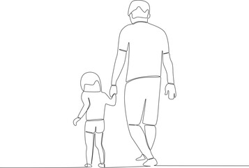 A father walks by holding his son. Father's Day one-line drawing