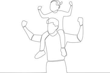 A father holds his child while making a strong pose. Father's Day one-line drawing