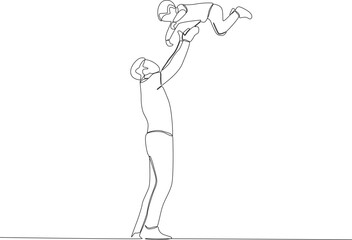 A father is excited to play with his son. Father's Day one-line drawing