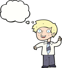 cartoon school boy with idea with thought bubble