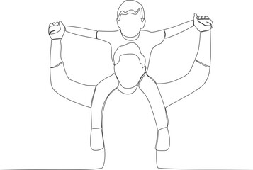 A child has fun playing while being held by his father. Father's Day one-line drawing