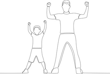 A child and father stood up raising and clenching fists. Father's Day one-line drawing