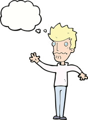 cartoon worried man reaching out with thought bubble