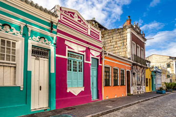 Colorful colonial houses at the historic district of Pelourinho in Salvador da Bahia, Brazil.