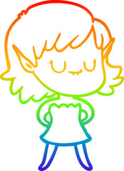 rainbow gradient line drawing happy cartoon elf girl wearing dress