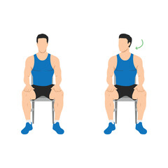 Man doing chair seated neck turns or head rotations. Neck rotation exercise. Turning head left and right. Healthy activity, office stretch. Flat vector illustration isolated on white background