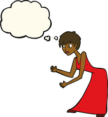 cartoon woman in dress gesturing with thought bubble