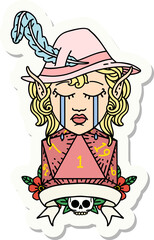 crying elf bard character with natural one D20 roll sticker