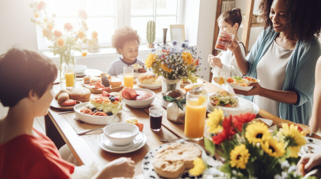 A family gathered around a festive breakfast table, celebrating Mother's Day with homemade food and fresh flowers.