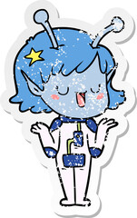 distressed sticker of a happy alien girl cartoon