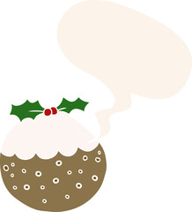 cartoon christmas pudding and speech bubble in retro style
