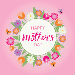 Happy mothers day greeting card with blossom flowers. Card with flowers and leaves on pink background with space for text, lettering and butterflies.