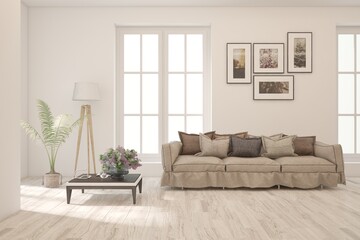 White modern interior design with sofa. Scandinavian interior design. 3D illustration