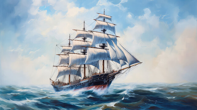 Large ship sailing the ocean, oil painting art . Generative AI