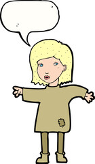 cartoon woman in patched clothing with speech bubble
