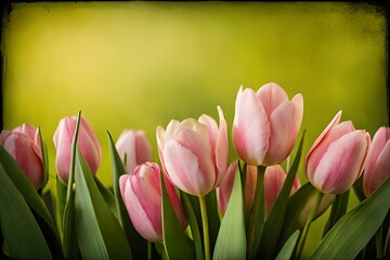 Tulip border with copy space. Beautiful frame composition of spring flowers. Bouquet of pink tulips flowers 