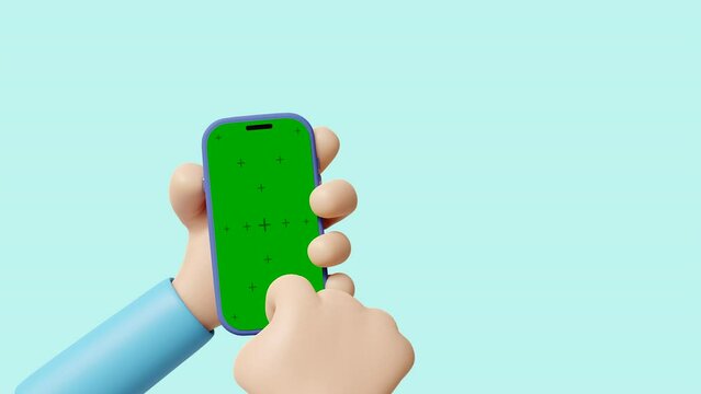 Human cartoon cgi hand animated in 3d editor holding a smartphone with a green mockup screen on a blue background. Funny 3d rendered hand using the mobile phone and scrolling