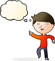 cartoon happy pointing with thought bubble