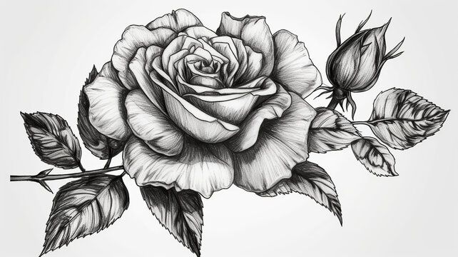 Black & White Hand Drawing Of Rose With Leaves On Isolated Background, Generative Ai