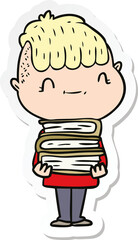 sticker of a cartoon friendly boy with books