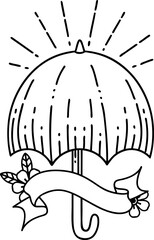 banner with black line work tattoo style open umbrella