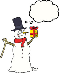 thought bubble cartoon snowman holding present