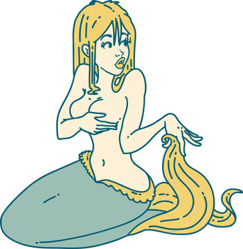 tattoo style icon  of a surprised mermaid